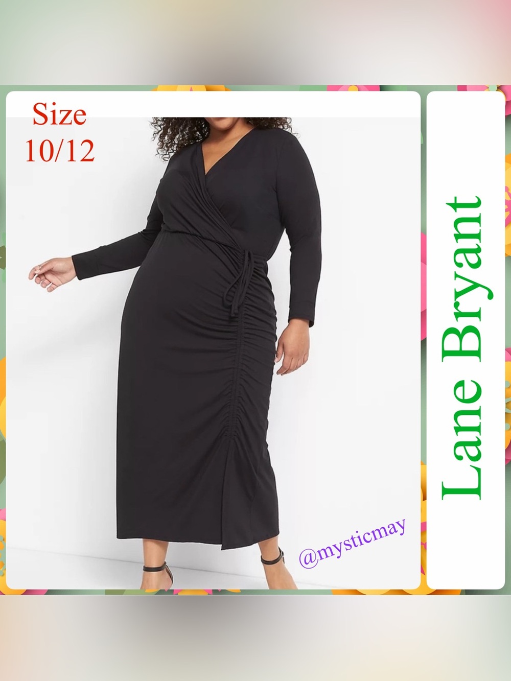 LANE BRYANT Jet Black Jersey Knit Faux Wrap Ruched Side Midi Dress Size 10/12